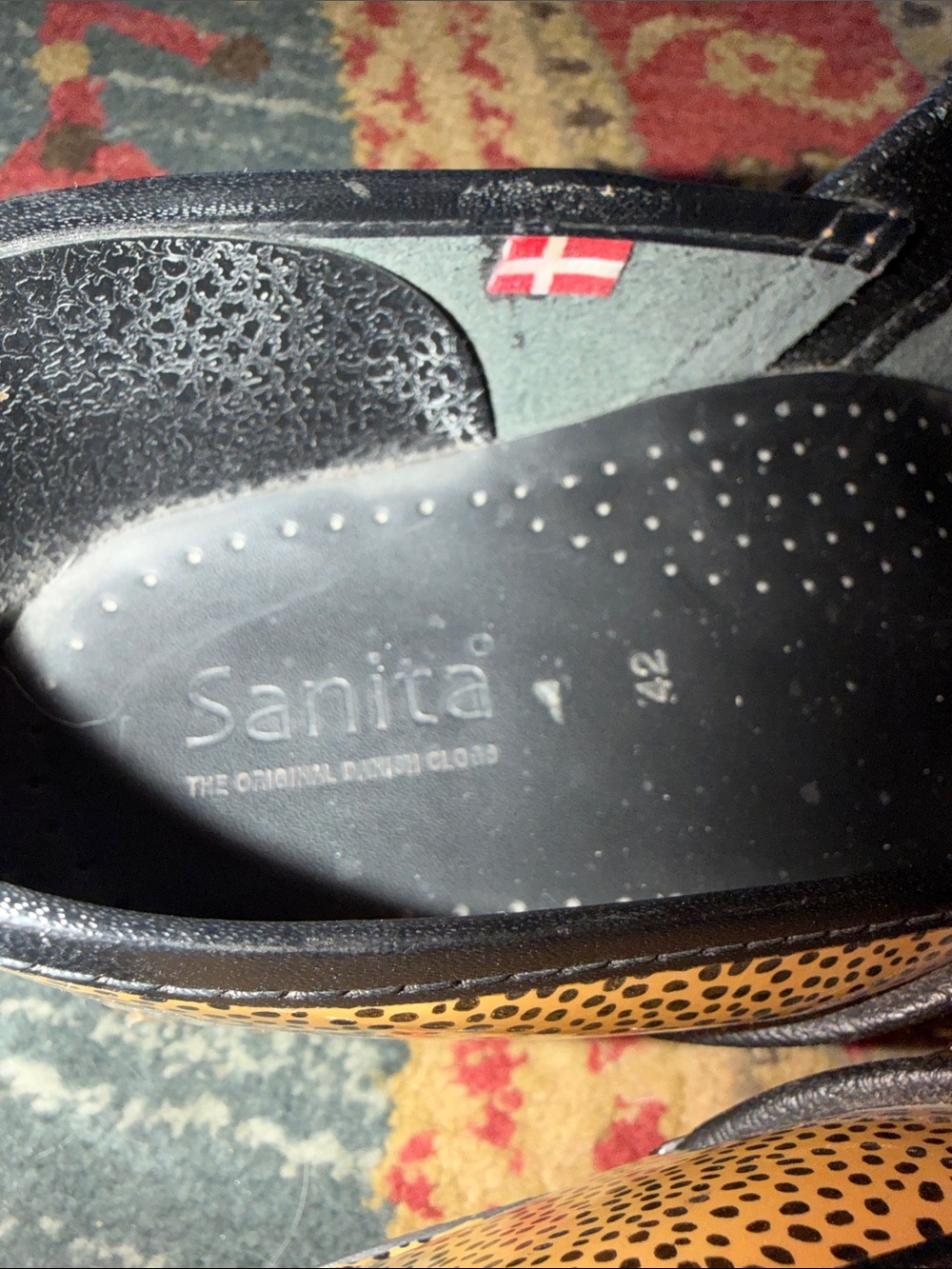 Sanita Tan Spotted Leather Clogs with Black Trim - Picture 2 of 7